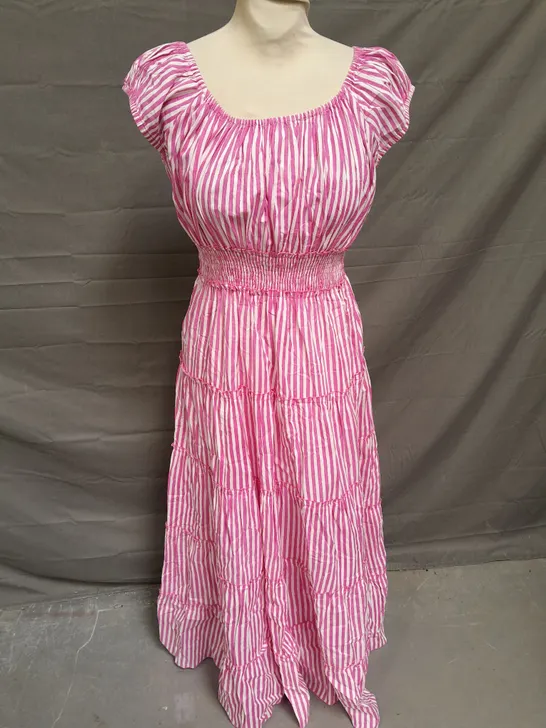 PINK CITY PRINTS TIERED SHIRRED MIDAXI DRESS IN PINK STRIPE SIZE S