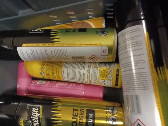 BOX OF APPROX 10 ASSORTED AEROSOLS TO INCLUDE CLINIQUE SHAVE GEL, GLADE AUTOMATIC SPRAY, PLEDGE WOOD POLISH, ETC 