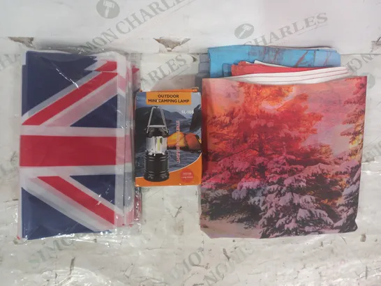 BOX OF APPROXIMATELY 20 ASSORTED HOUSEHOLD ITEMS TO INCLUDE WINTER FOREST TEA TOWELS, OUTDOOR MINI CAMPING LIGHT, UNION JACK FLAG BUNTING, ETC