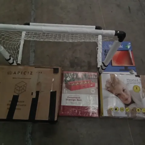 PALLET OF ASSORTED ITEMS INCLUDING SMALL FOOTBALL NET, ORNAMENT STORAGE BOX, HEATED THROW, ANTI BLUE LIGHT SCREEN PROTECTOR, APICIZON METAL FRAME + HONEYCOMB