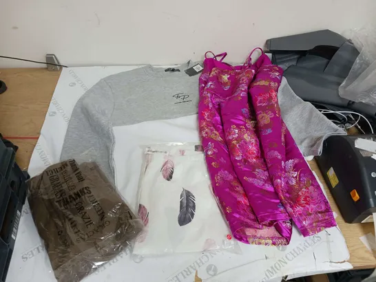 LARGE BOX OF ASSORTED CLOTHING ITEMS IN VARIOUS COLOURS AND SIZES INCLUDING TROUSERS , TOPS AND JUMPERS 