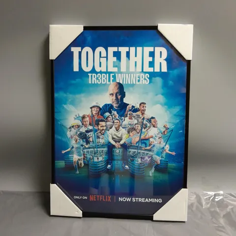 FRAMED MANCHESTER CITY "TOGETHER TREBLE WINNER" SHOW POSTER APPROX 31CMX43CM