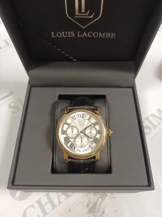 LOUIS LACOMBE CHRONOGRAPH ROMAN NUMERAL WAVE TRIPLE DIAL BLACK LEATHER STRAP WRISTWATCH