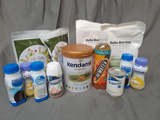 APPROXIMATELY 13 ASSORTED FOOD AND DRINK PRODUCTS TO INCLUDE BELLA BARISTA HONDURAS YOLANDA UREA ARITA COFFEE BEANS, KENDAMIL ORGANIC FOLLOW-ON MILK, MY BODY IS A TEMPLE HORMONE RESTORE NATURAL TEA