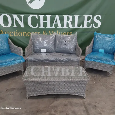 HAMILTON GREY RATTAN COFFEE SET COMPRISING TWO SETER SOFA TWO CHAIRS WITH CUSHIONS & GLASS TOP COFFEE TABLE