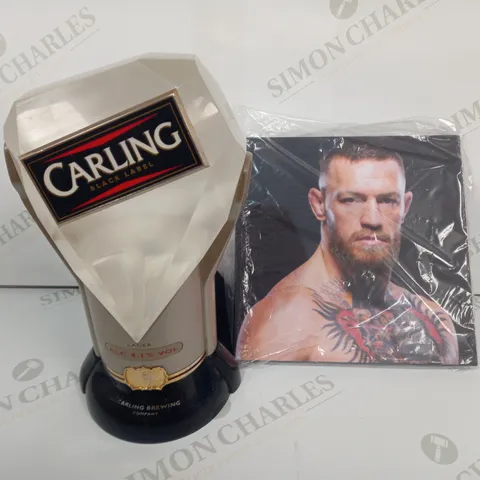 BOX OF APPROXIMATELY 8 ASSORTED HOUSEHOLD ITEMS TO INCLUDE CARLING BEER PUMP, CONOR MCGREGOR PRINT, ETC