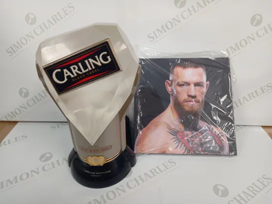 BOX OF APPROXIMATELY 8 ASSORTED HOUSEHOLD ITEMS TO INCLUDE CARLING BEER PUMP, CONOR MCGREGOR PRINT, ETC