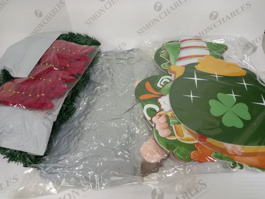 LOT OF APPROXIMATELY 5 ASSORTED HOUSEHOLD ITEMS TO INCLUDE OUTDOOR ST PATRICK'S DAY DECORATIONS, 9FT CHRISTMAS GARLAND, SOFT PLUSH SEAT CUSHION BACK SUPPORT, ETC