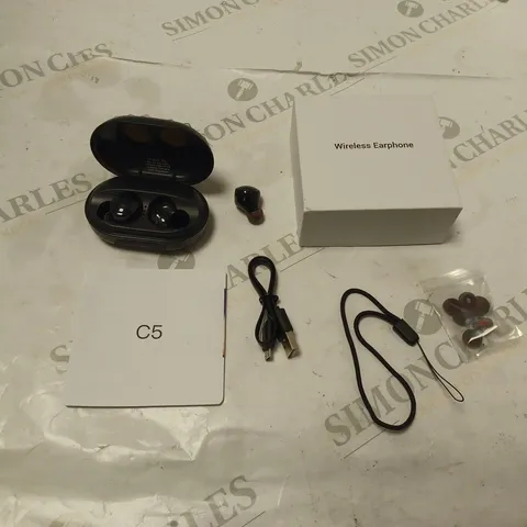 BOXED WIRELESS EARPHONES - MODEL C5. WITH CHARGING DOCK, USB CABLE, ACCESSORIES AND MANUAL