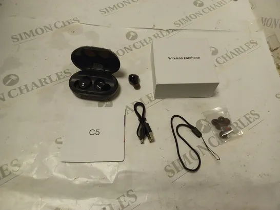 BOXED WIRELESS EARPHONES - MODEL C5. WITH CHARGING DOCK, USB CABLE, ACCESSORIES AND MANUAL