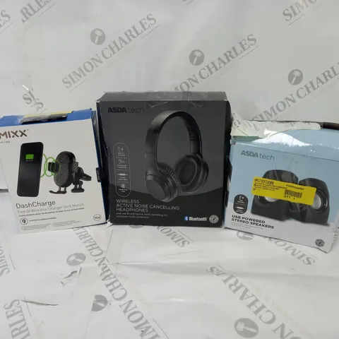 APPROXIMATELY 20 ASSORTED ITEMS TO INCLUDE STEREO SPEAKERS, WIRELESS HEADPHONES, MIXX WIRELESS CHARGER VENT MOUNT ETC.