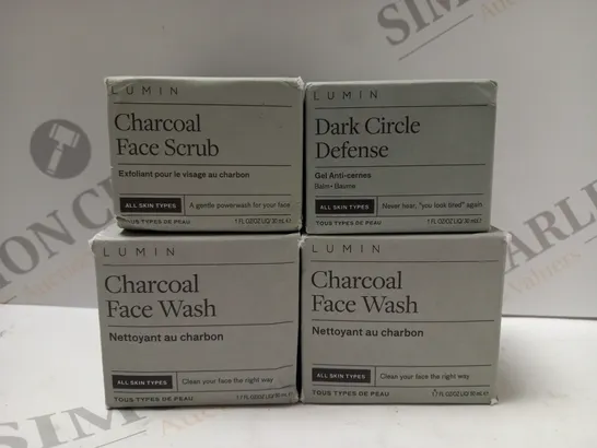 BOX OF 4 ASSORTED LUMIN PRODUCTS TO INCLUDE CHARCOAL FACE WASH, DARK CIRCLE DEFENSE, CHARCOAL FACE WASH, CHARCOAL FACE SCRUB