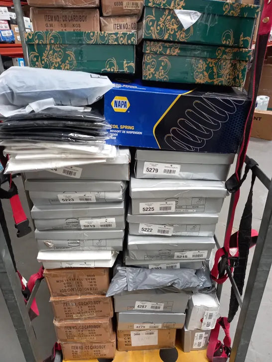 LARGE ASSORTMENT OF HOUSEHOLD AND FASHION ITEMS TO INCLUDE NAPA COIL SPRING, MULTIPLE BOXES OF SHOE PAIRS IN VARIOUS STYLES AND SIZES, BIRTHDAY CARDS, ETC - COLLECTION ONLY