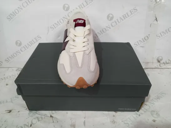 BOXED PAIR OF NEW BALANCE 327 SHOES IN CREAM/BROWN UK SIZE 6.5