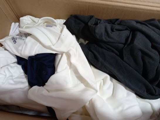 BOX OF APPROXIMATELY 20 ASSORTED CLOTHING ITEMS TO INCLUDE UNEEK TOP IN NAVY SIZE XS, KUSTOM KIT TOP IN GREY SIZE XL, GILDAN TOP IN WHITE SIZE XL