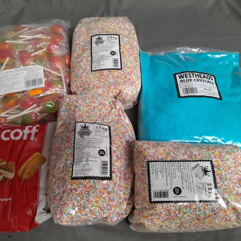 LOT OF 6 PACKS OF FOOD ITEMS TO INCLUDE BISCOTTI CRUMBS, HUNDREDS AND THOUSANDS, FRUIT LOLLIES AND SHERBERT