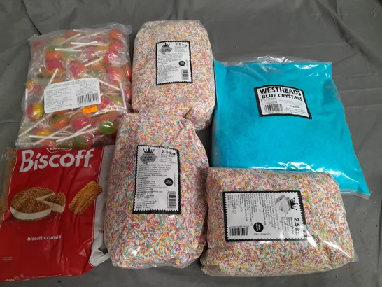 LOT OF 6 PACKS OF FOOD ITEMS TO INCLUDE BISCOTTI CRUMBS, HUNDREDS AND THOUSANDS, FRUIT LOLLIES AND SHERBERT