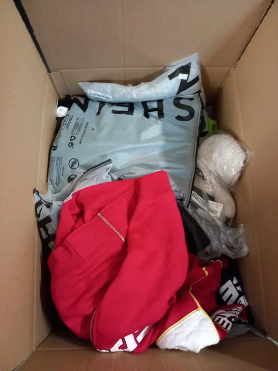 BOX OF ASSORTED CLOTHING ITEMS TOO INCLUDE JUMPERS, SHIRTS AND TROUSERS IN VARIOUS SIZES AND COLOURS   