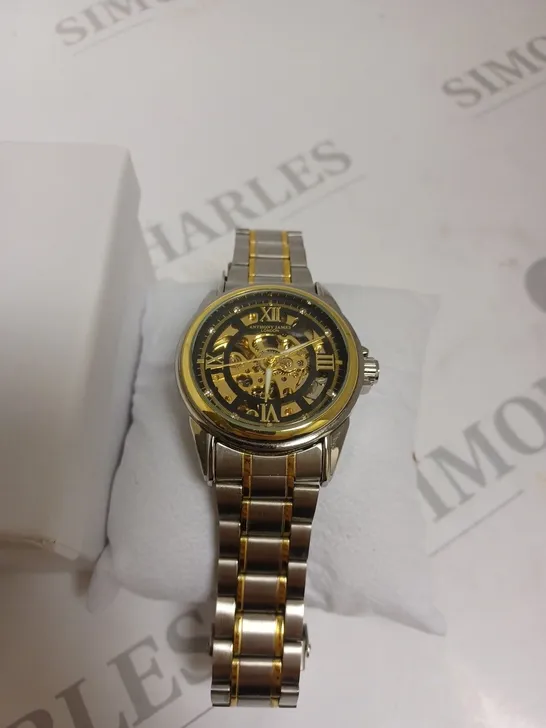 BOXED ANTHONY JAMES GENTS LIMITED EDITION SKELETON AUTOMATIC STAINLESS STEEL WATCH - GOLD