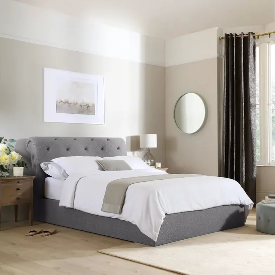 BRAND NEW & BOXED ALDERLEY GREY FABRIC KING SIZE BED (3 BOXES)