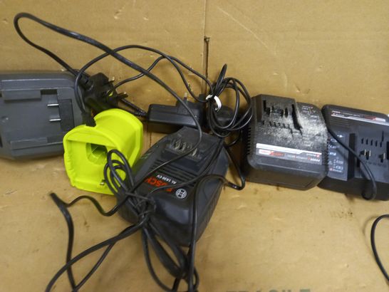 BOX OF APPROXIMATELY 5 ASSORTED HOUSEHOLD ITEMS TO INCLUDE EINHELL BATTERY CHARGER, BOSCH BATTERY CHARGER, RYOBI CHARGING SYSTEM, ETC