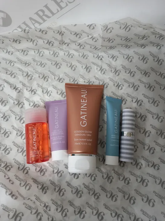 BOX OF APPROX 5 ASSORTED GATINEAU BEAUTY PRODUCTS TO INCLUDE GOLDEN GLOW GRADUAL TAN, HYDRA AURA WATER CREAM, DEFI LIFT FIRMING NECK AND DECOLLETE GEL, ETC. 