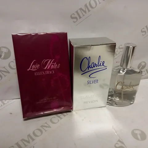 LOT OF APPROXIMATELY 10 ASSORTED FRAGRANCES TO INCLUDE 9 LOVE NOTES ELLEN TRACY EAU DE PARFUM (100ml), 1 CHARLIE SILVER EAU DE TOILETTE