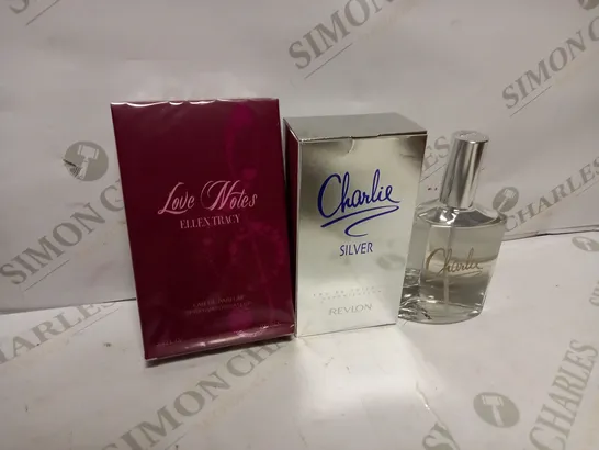 LOT OF APPROXIMATELY 10 ASSORTED FRAGRANCES TO INCLUDE 9 LOVE NOTES ELLEN TRACY EAU DE PARFUM (100ml), 1 CHARLIE SILVER EAU DE TOILETTE