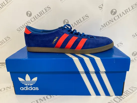 BOXED PAIR OF ADIDAS DUBLIN BLUE SUEDE TRAINERS SIZE 9.5