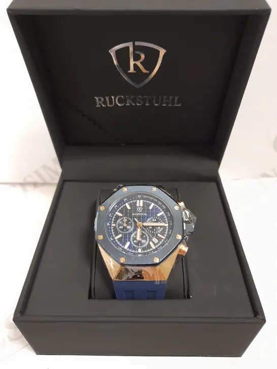 MEN’S RUCKSTUHL CHRONOGRAPH R500 WATCH – GOLD COLOUR CASE – BLUE DIAL – 3ATM WATER RESISTANT - RUBBER STRAP