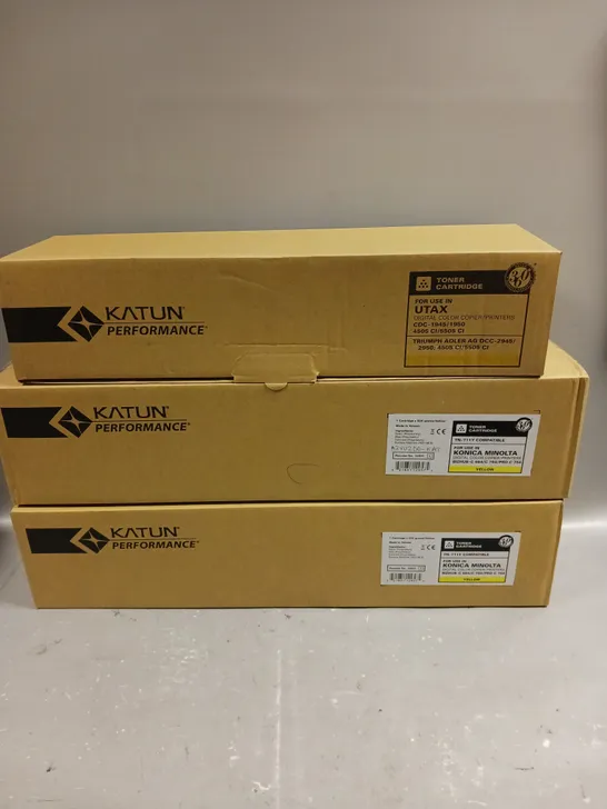 APPROXIMATELY 10 ASSORTED BOXED KATUN PRINTER TONER CARTRIDGES IN VARIOUS MODELS - YELLOW & BLACK 