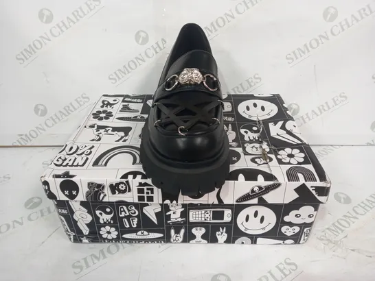 BOXED PAIR OF KOI LOAFERS IN BLACK W. PENTAGRAM & SILVER EFFECT OWL DETAIL SIZE 6