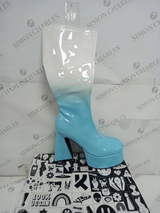 BOXED PAIR OF KOI FOOTWEAR BUBBLEGUM BURST HEELED LONG BOOTS IN BLUE OMBRE PATENT - SIZE 8