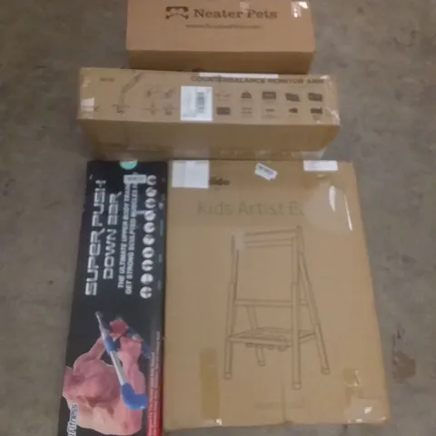 PALLET OF ASSORTED ITEMS INCLUDING COUNTERBALANCE MONITOR ARM, KIDS ARTIST EASEL, SUPER PUSH DOWN BAR, COOKER HOB, PREMIUM HOSE REEL CART WITH WHEELS