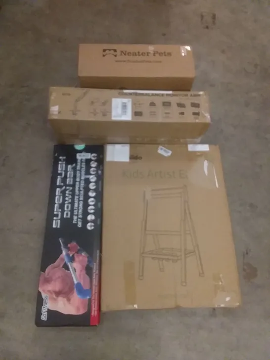 PALLET OF ASSORTED ITEMS INCLUDING COUNTERBALANCE MONITOR ARM, KIDS ARTIST EASEL, SUPER PUSH DOWN BAR, COOKER HOB, PREMIUM HOSE REEL CART WITH WHEELS