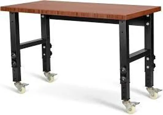 BOXED COSTWAY 120cm ADJUSTABLE WORKBENCH HEAVY-DUTY WORKSTATION W/ BAMBOO TOP & LOCKABLE CASTERS