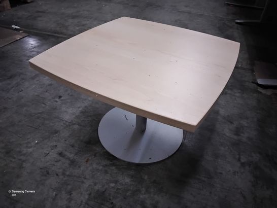 LIGHT WOOD OFFICE OCCASIONAL TABLE ON METAL PEDESTAL 