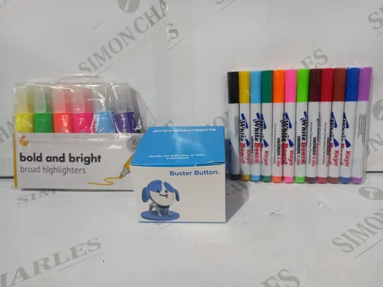 LOT OF APPROXIMATELY 10 ASSORTED HOUSEHOLD ITEMS TO INCLUDE WHITEBOARD MARKERS, BUSTER BUTTON, BROAD HIGHLIGHTERS, ETC