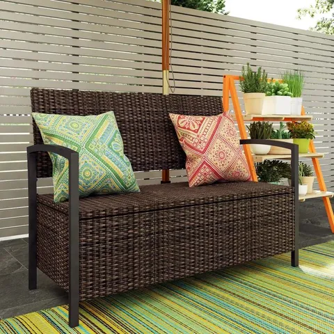 BOXED GARDEN PLEASURE RATTAN STORAGE BENCH IN COFFEE COLOUR (1 BOX)