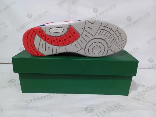 BOXED PAIR OF LACOSTE SHOES IN WHITE/BLUE/RED UK SIZE 10