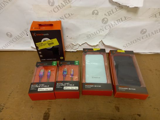 LOT OF APPROX 10 ASSORTED BLACKWEB ITEMS TO INCLUDE POWER BANK, USB WEBCAM, 1.5M SYNC AND CHARGE CABLE 