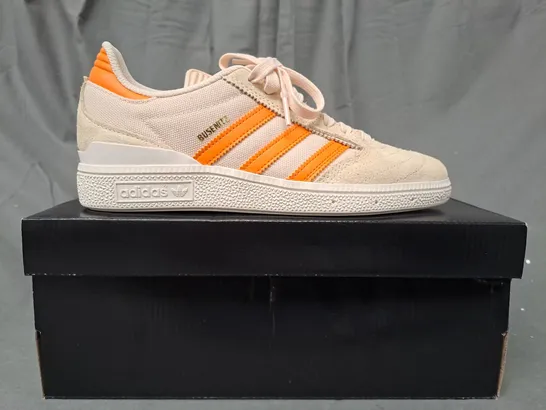 BOXED PAIR OF ADIDAS BUSENITZ SHOES IN SAND/ORANGE UK SIZE 6