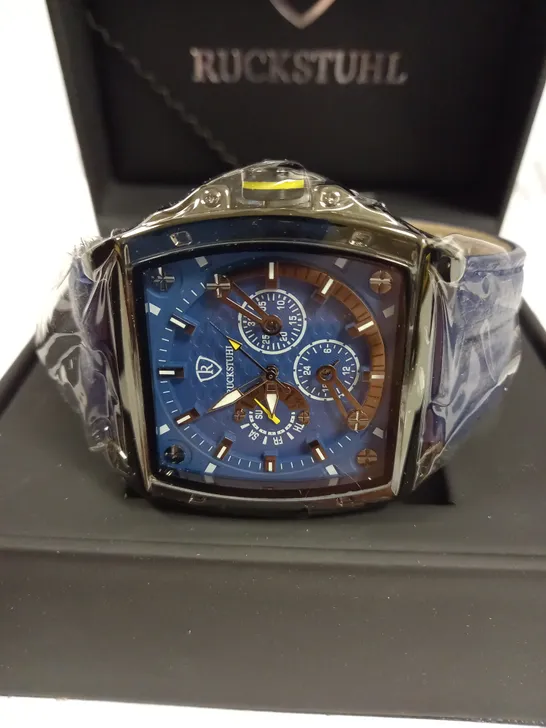 MENS RUCKSTUHL R300 CHRONOGRAPH WATCH- BLUE MULTIFUNCTIONAL DIAL- BLACK CASE- GENUINE LEATHER STRAP- WATER RESISTANT