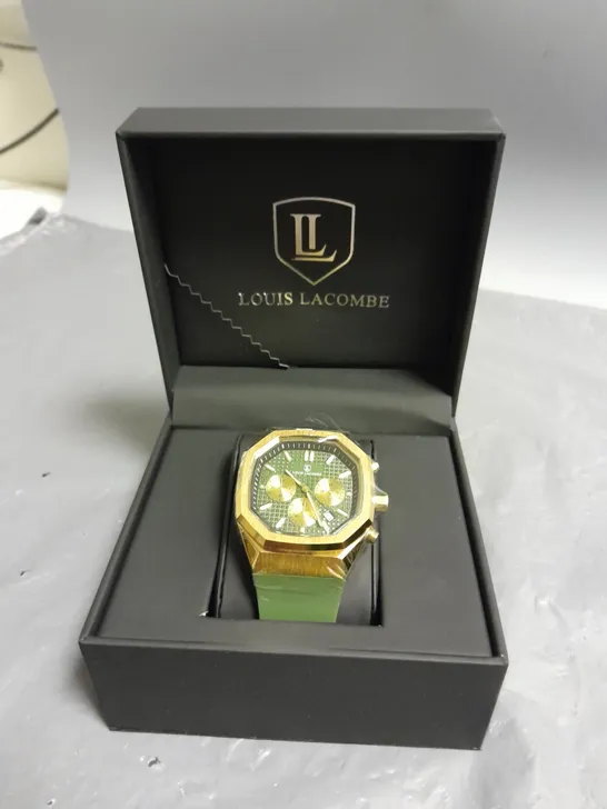 MENS LOUIS LACOMBE CHRONGRAPH WATCH WITH 3 SUB DIALS GOLD COLOUR CASE AND GREEN RUBBER STRAP