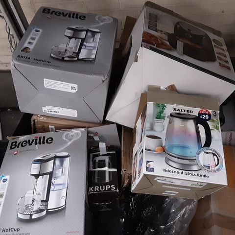 PALLET OF ASSORTED ELECTRICALS TO INCLUDE; MORPHY RICHARDS SAUTE AND SOUP MAKER, KRUPS GRINDER, BREVILLE BRITA HOT CUP WATER DISPENSER, SALTER GLASS KETTLE AND TOWER AIR FRYER