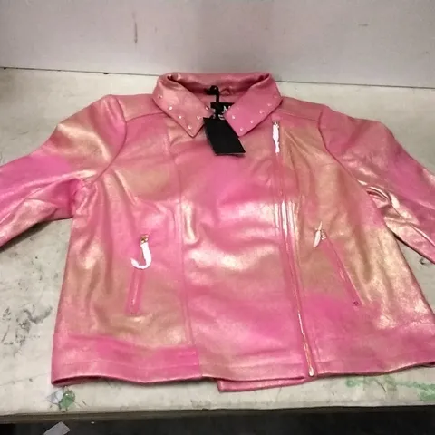 BOX OF APPROXIMATELY 13 JULIEN MACDONALD PINK/GOLD BIKER JACKET - SIZE 18