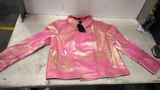 BOX OF APPROXIMATELY 13 JULIEN MACDONALD PINK/GOLD BIKER JACKET - SIZE 18