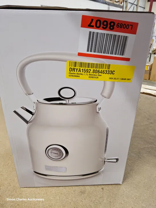 BOXED CHARLES BENTLEY 1.7L STAINLESS STEEL KETTLE CREAM & CHROME