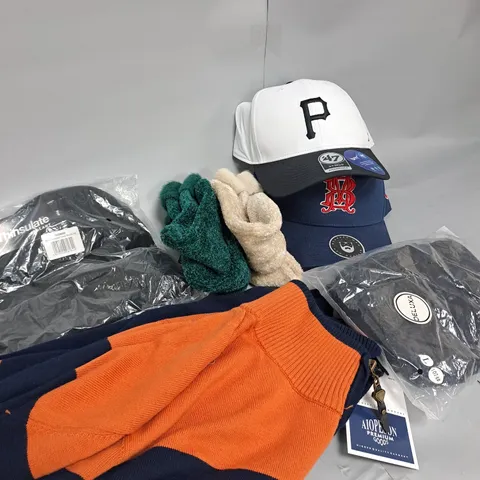 BOX OF APPROXIMATELY 20 ASSORTED CLOTHING ITEMS TO INCLUDE CAPS, THINSULATE BEANIE. JACKET ETC