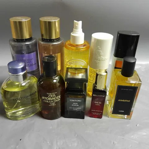 BOX OF APPROXIMATELY 10 ASSORTED UNBOXED FRAGRANCES TO INCLUDE - TOM FORD OUD FLEUR - DOLCE&GABANNA EAU DE TOILETTE - BRUNO BANANI BODY FRAGRANCE - ETC - COLLECTION ONLY